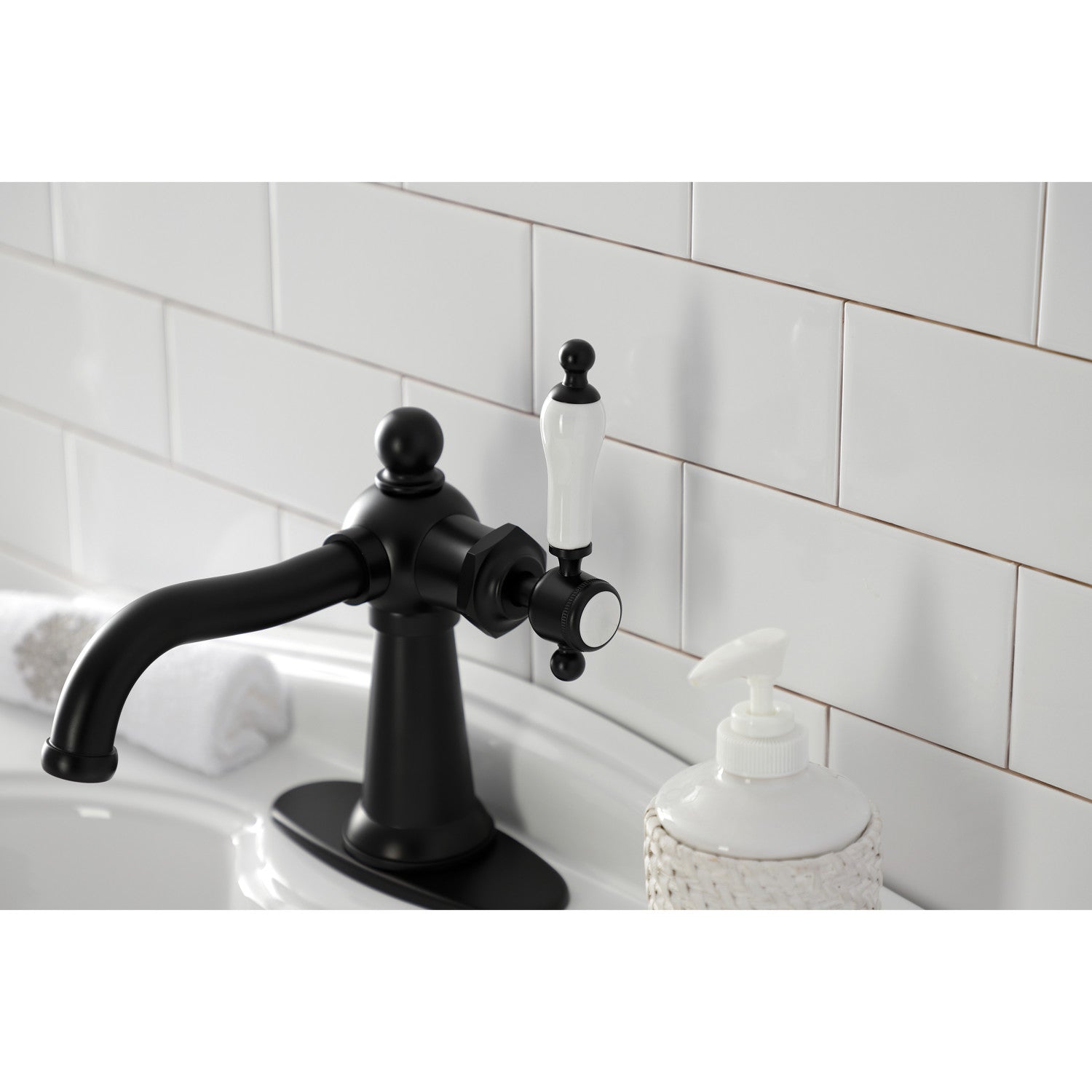 Kingston Heirloom KSD154KLMB - Nautical One-Handle 1-Hole Bathroom Faucet with Deck Plate and Push Pop-Up Drain, Matte Black — thumbnail 2